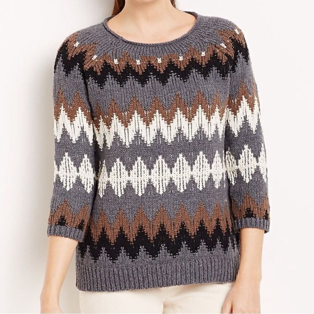 J Jill Gray Colorblock Chevron Knit Sweater Women Size Large Winter Classic L